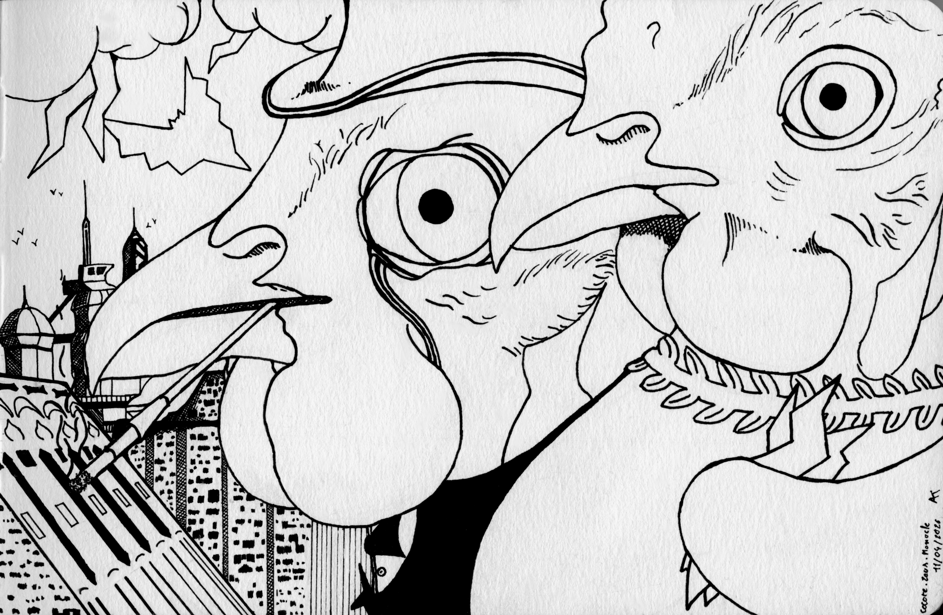 un dessin fait main, de deux cocottes, une cocotte Le Pingouin et une cocotte Zeus, dans un environnement entre Blade Runner et la Cité des Enfants Perdus