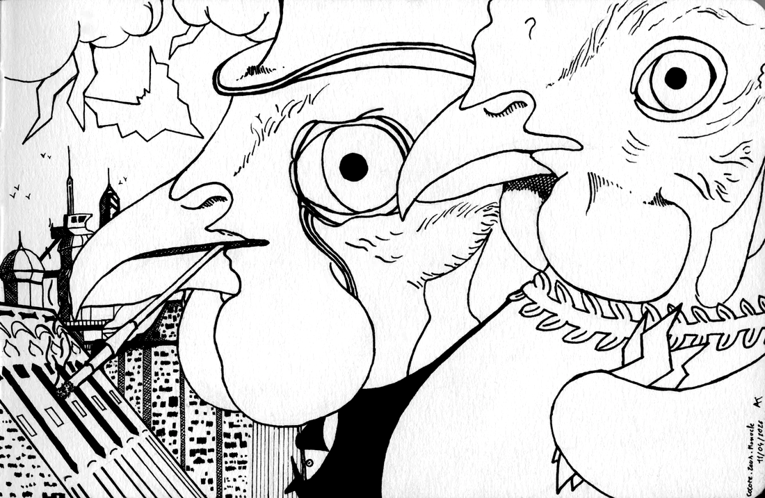 un dessin fait main, de deux cocottes, une cocotte Le Pingouin et une cocotte Zeus, dans un environnement entre Blade Runner et la Cité des Enfants Perdus