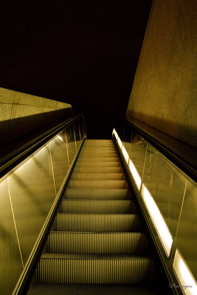 Vue du ciel depuis le bas d&rsquo;un escalator éclairé